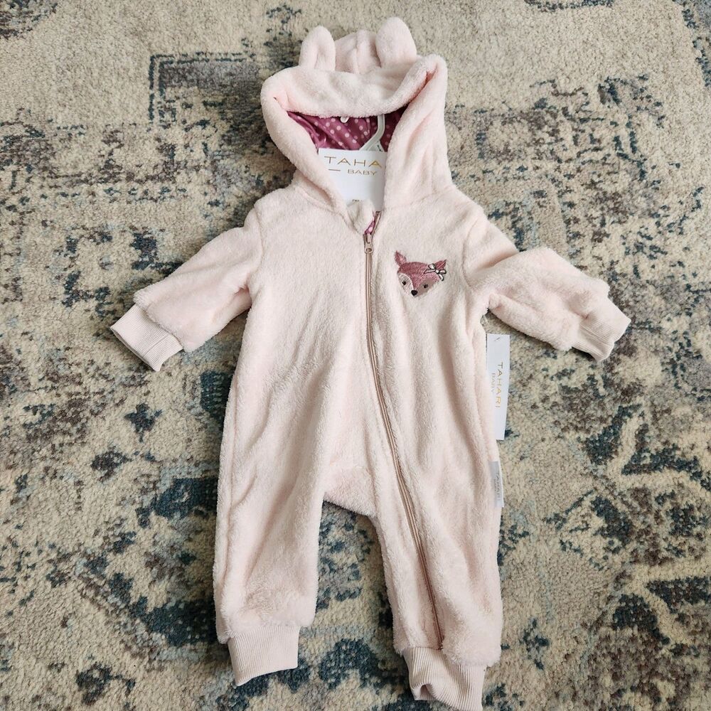 Tahari Baby Infant Plush Fleece One Piece Full Zipper Suit 0-3 Month Hooded Ears